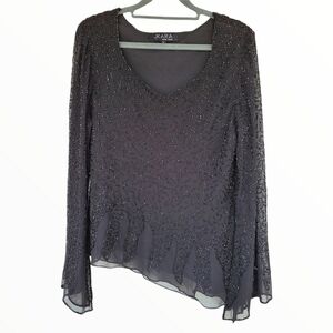 JKARA NY sz L black beaded blouse top flare sleeve scoop V neck angle hem